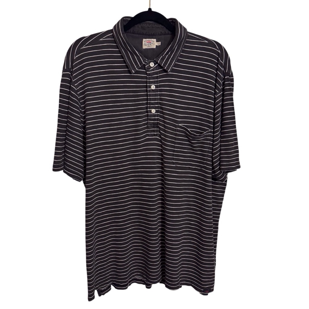 Faherty Mens X-Large Gray White Short Sleeve Stripe Polo Shirt Pocket Cotton